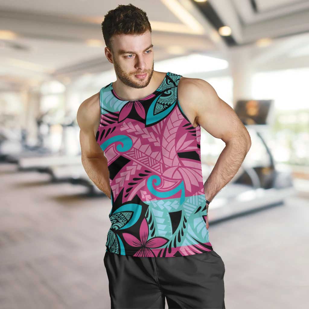 Plumeria Polynesian Pattern Men Tank Top Unique Fantasy Pink Teal