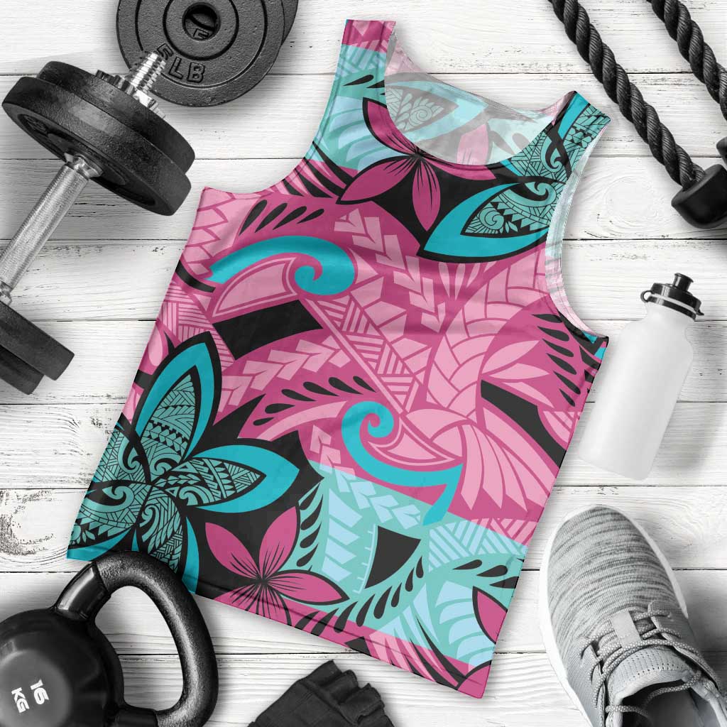 Plumeria Polynesian Pattern Men Tank Top Unique Fantasy Pink Teal