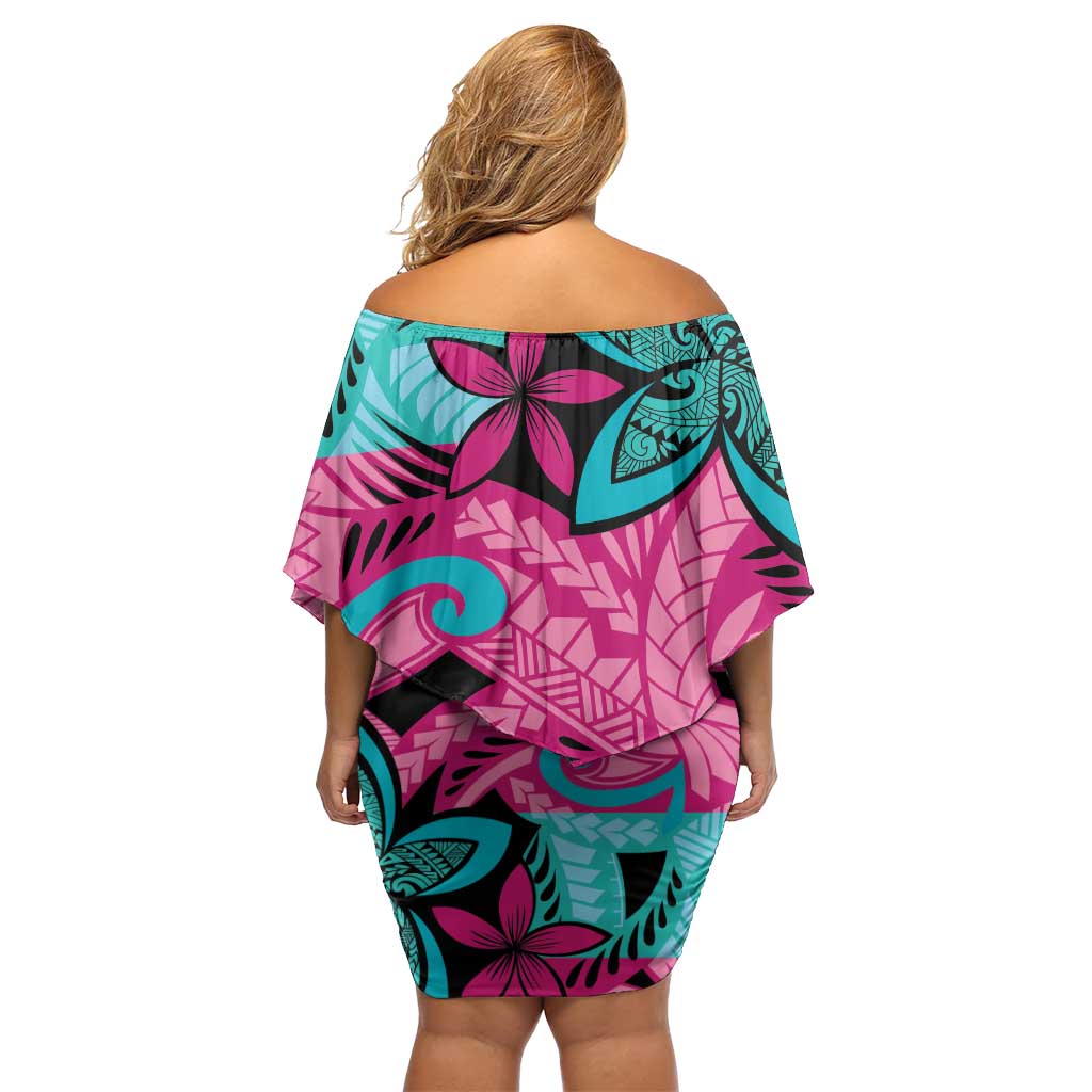 Plumeria Polynesian Pattern Off Shoulder Short Dress Unique Fantasy Pink Teal