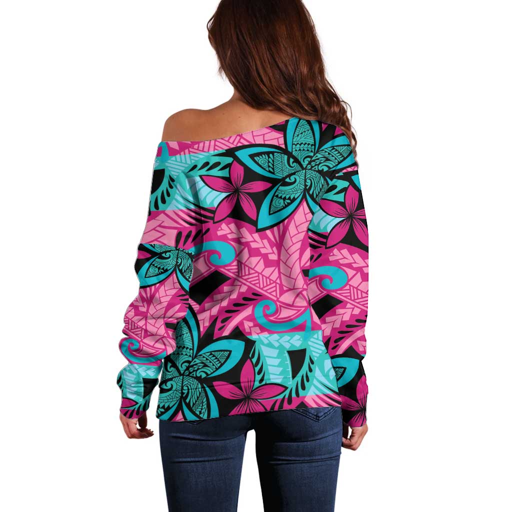 Plumeria Polynesian Pattern Off Shoulder Sweater Unique Fantasy Pink Teal