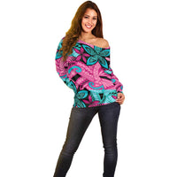 Plumeria Polynesian Pattern Off Shoulder Sweater Unique Fantasy Pink Teal