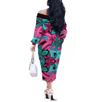 Plumeria Polynesian Pattern Off The Shoulder Long Sleeve Dress Unique Fantasy Pink Teal