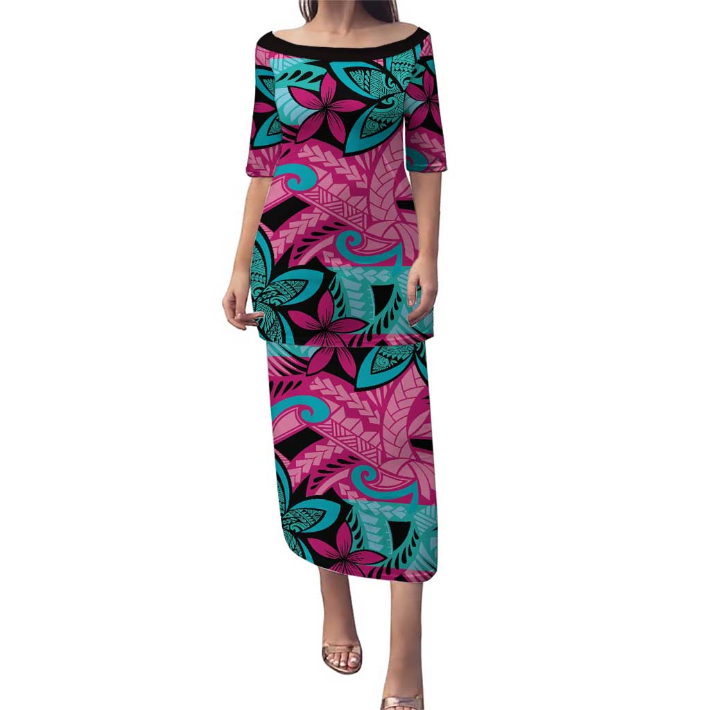 Plumeria Polynesian Pattern Puletasi Unique Fantasy Pink Teal