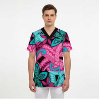 Plumeria Polynesian Pattern Scrub Top Unique Fantasy Pink Teal - Polynesian Pride