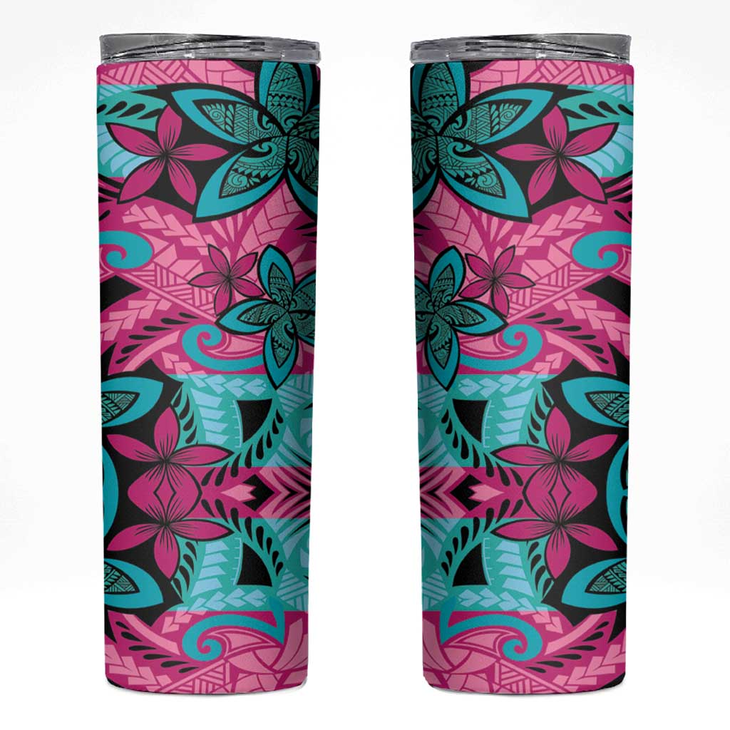 Plumeria Polynesian Pattern Skinny Tumbler Unique Fantasy Pink Teal LT01 Pink - Polynesian Pride