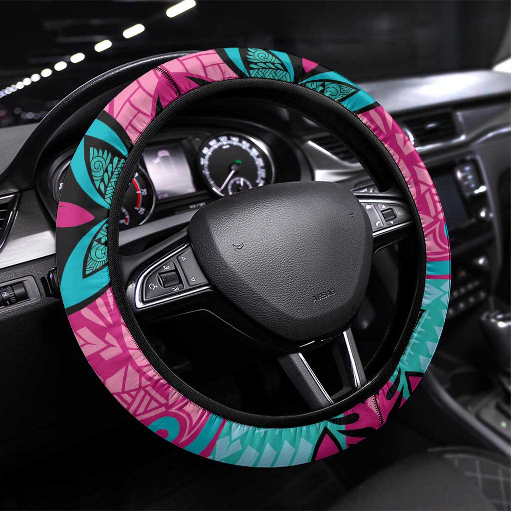 Plumeria Polynesian Pattern Steering Wheel Cover Unique Fantasy Pink Teal