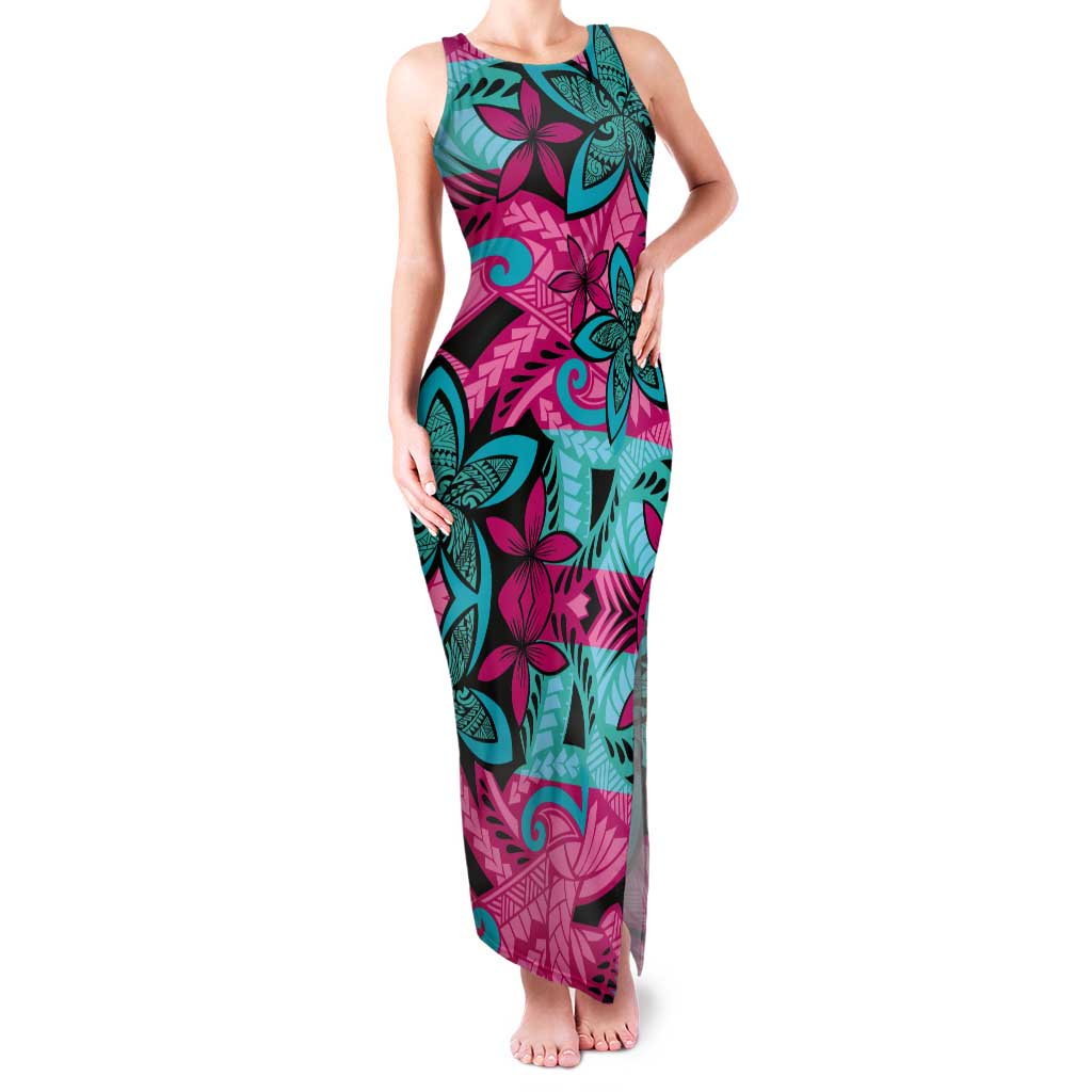 Plumeria Polynesian Pattern Tank Maxi Dress Unique Fantasy Pink Teal
