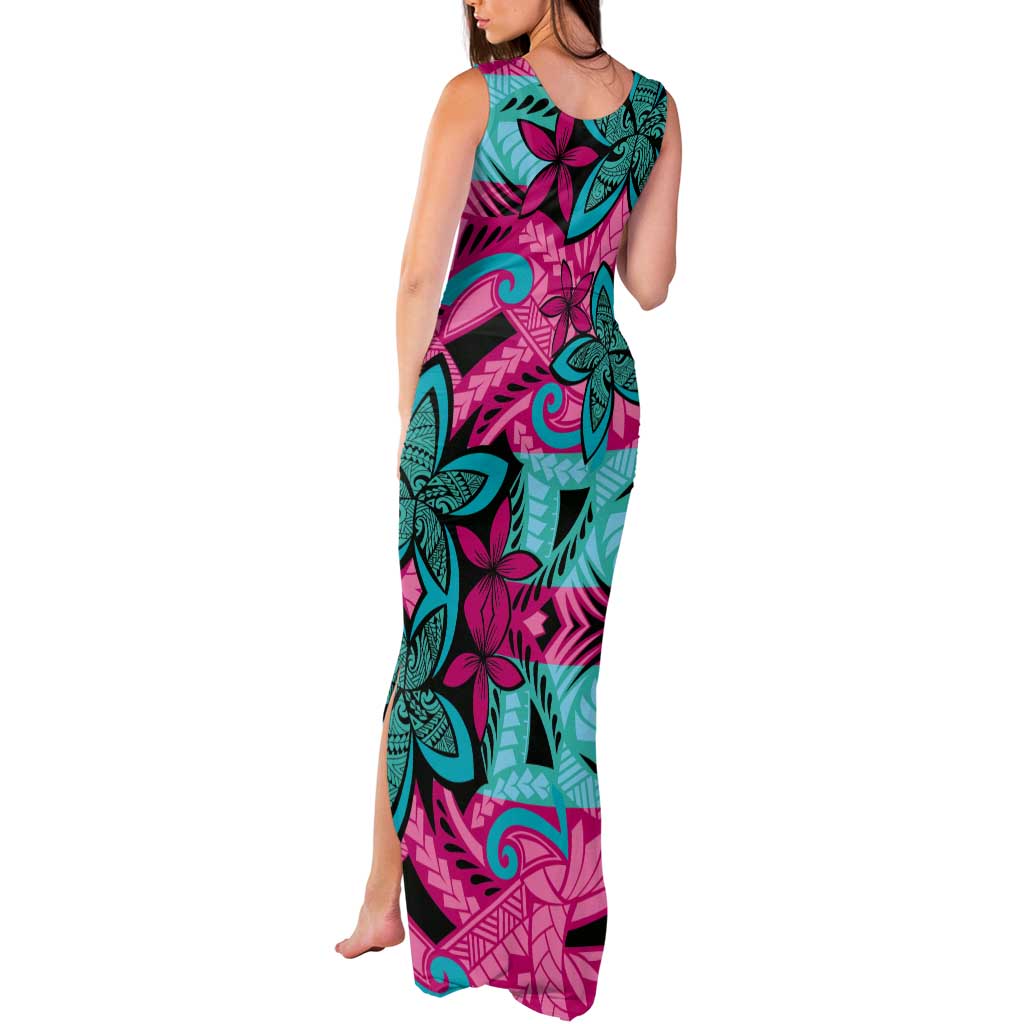Plumeria Polynesian Pattern Tank Maxi Dress Unique Fantasy Pink Teal