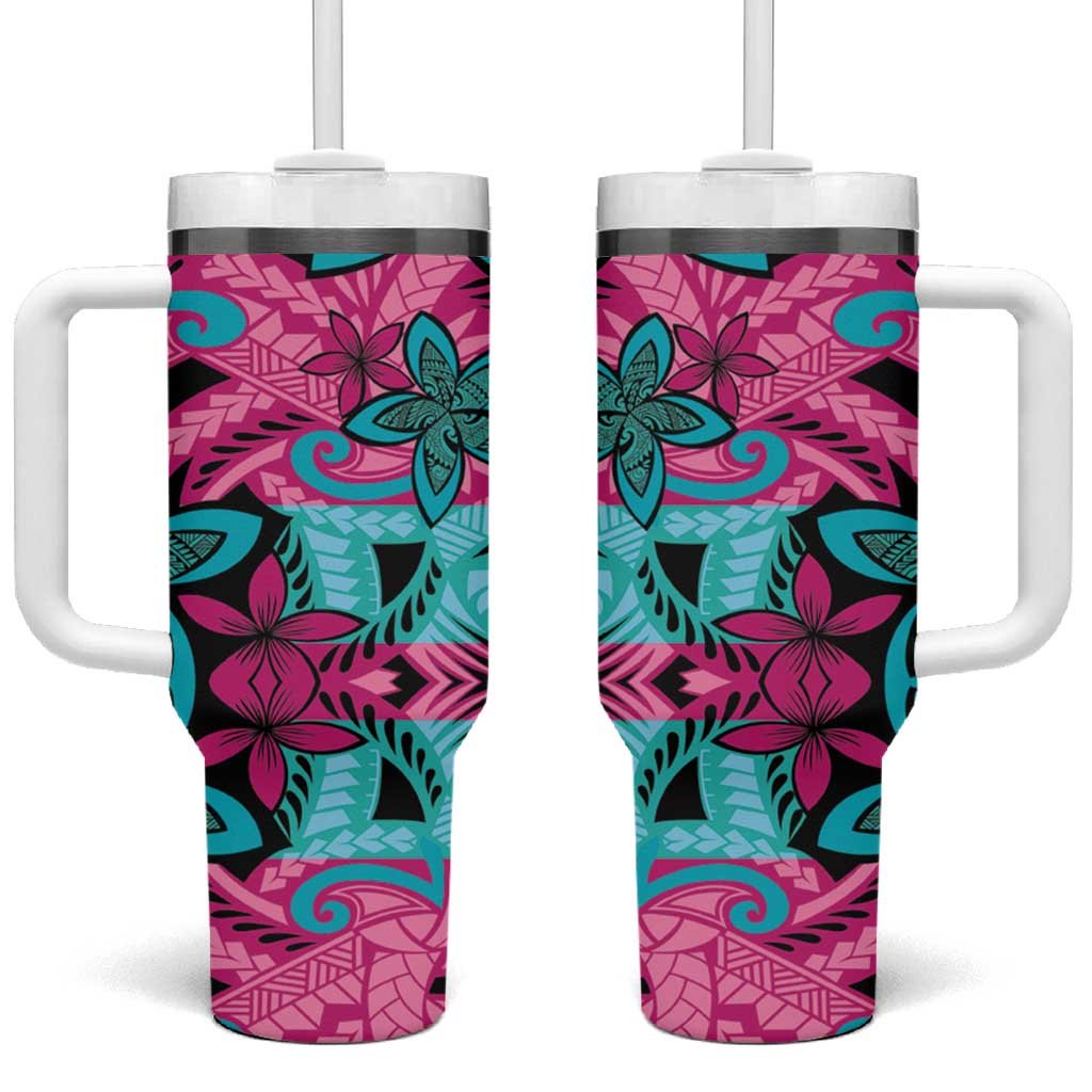 Plumeria Polynesian Pattern Tumbler With Handle Unique Fantasy Pink Teal LT01 One Size: 40 oz Pink - Polynesian Pride