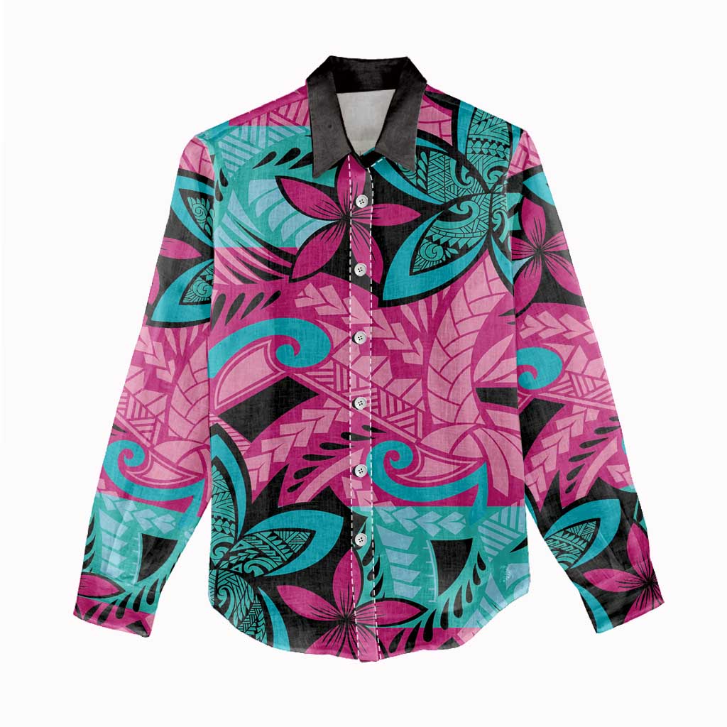 Plumeria Polynesian Pattern Women Casual Shirt Unique Fantasy Pink Teal