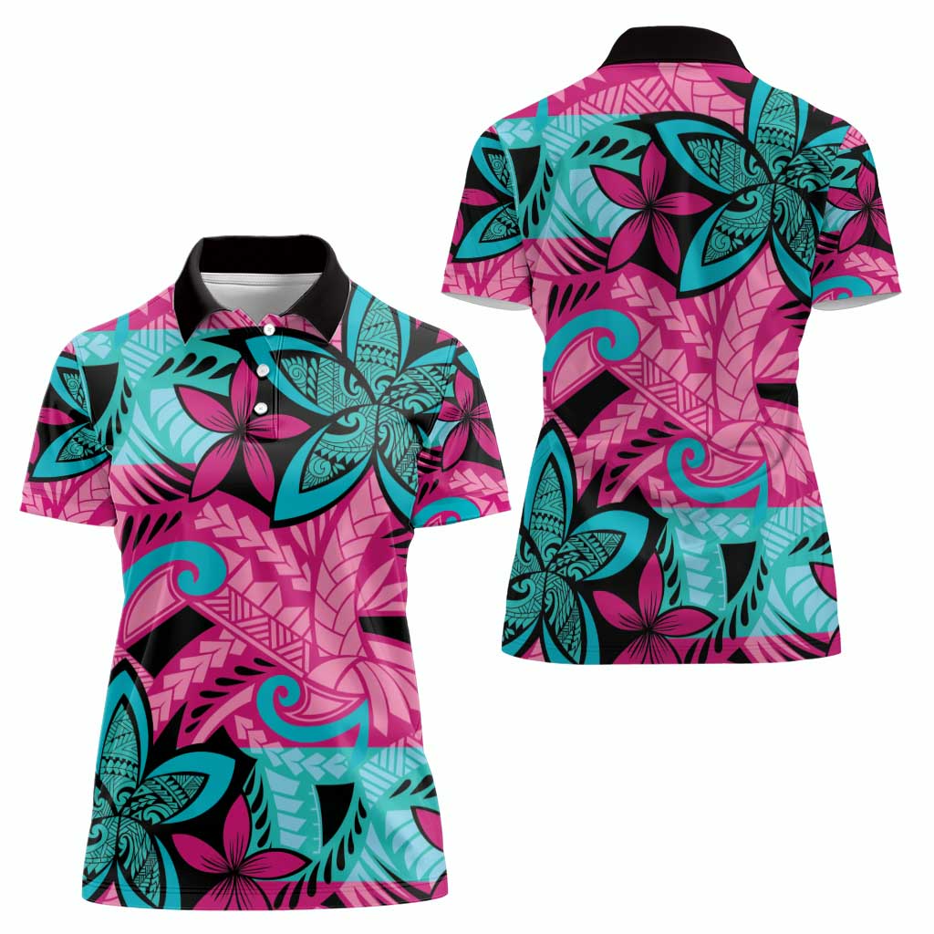 Plumeria Polynesian Pattern Women Polo Shirt Unique Fantasy Pink Teal