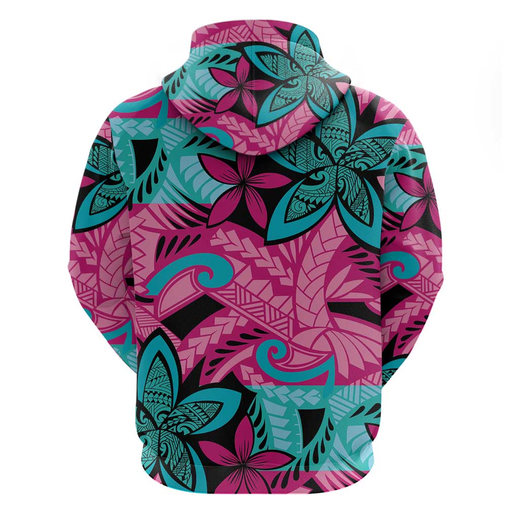 Plumeria Polynesian Pattern Zip Hoodie Unique Fantasy Pink Teal