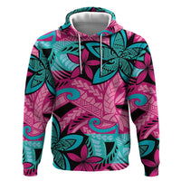 Plumeria Polynesian Pattern Zip Hoodie Unique Fantasy Pink Teal