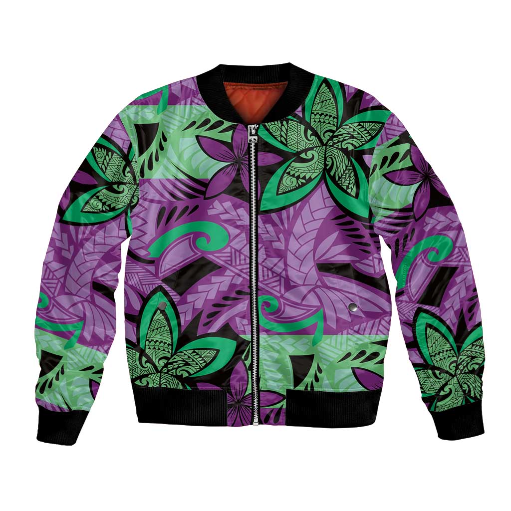 Plumeria Polynesian Pattern Bomber Jacket Unique Fantasy Purple Green LT01 Unisex Purple - Polynesian Pride