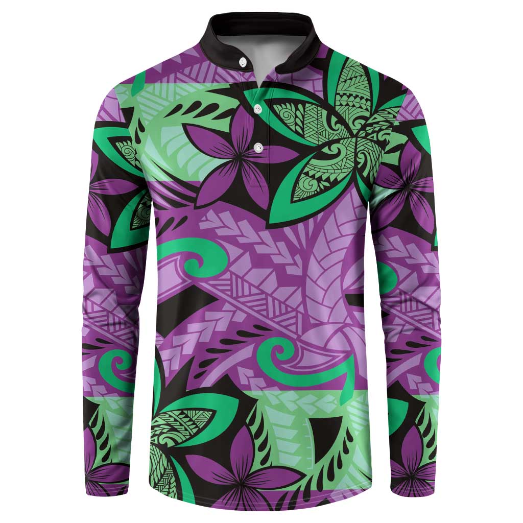 Plumeria Polynesian Pattern Button Sweatshirt Unique Fantasy Purple Green
