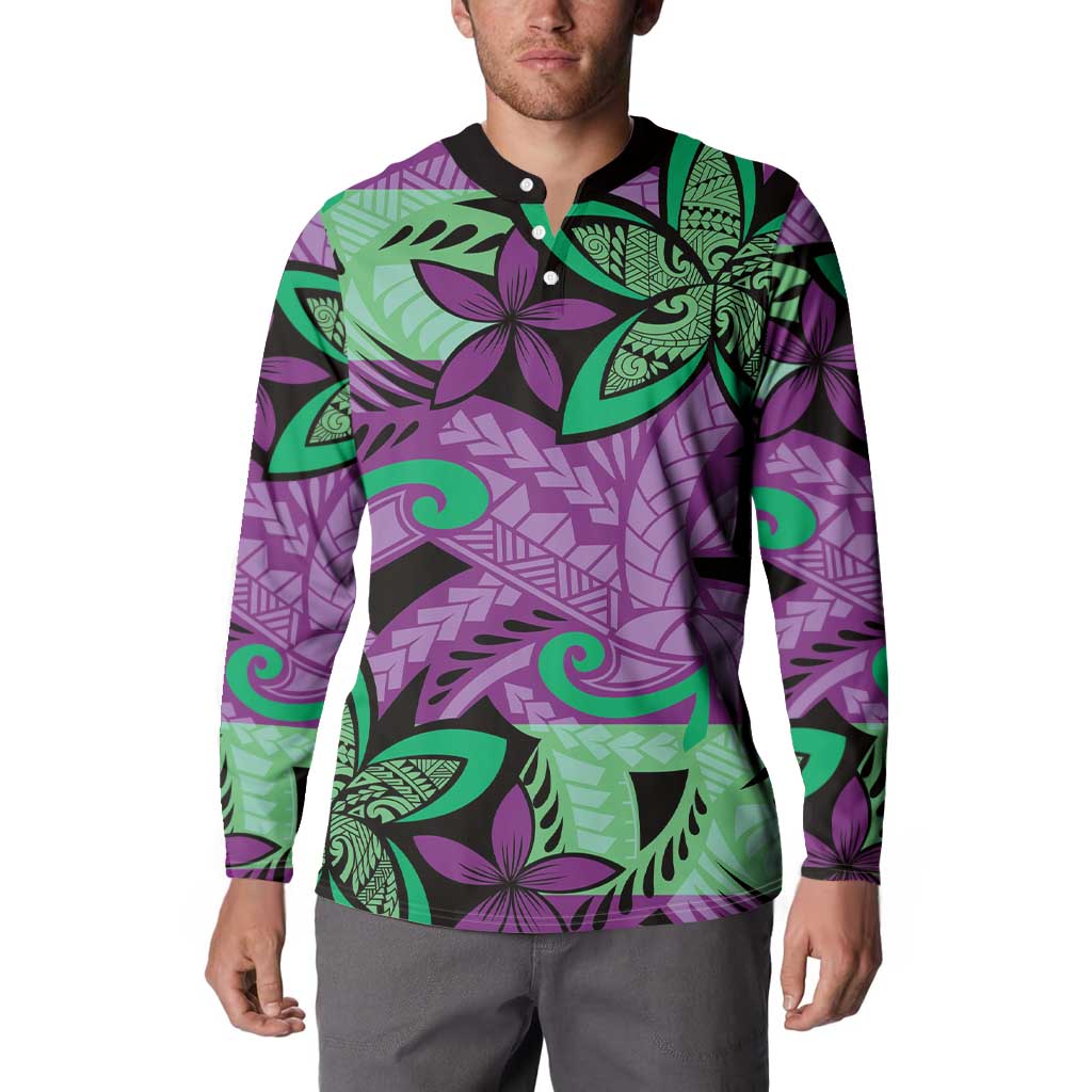 Plumeria Polynesian Pattern Button Sweatshirt Unique Fantasy Purple Green