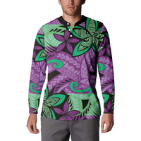Plumeria Polynesian Pattern Button Sweatshirt Unique Fantasy Purple Green