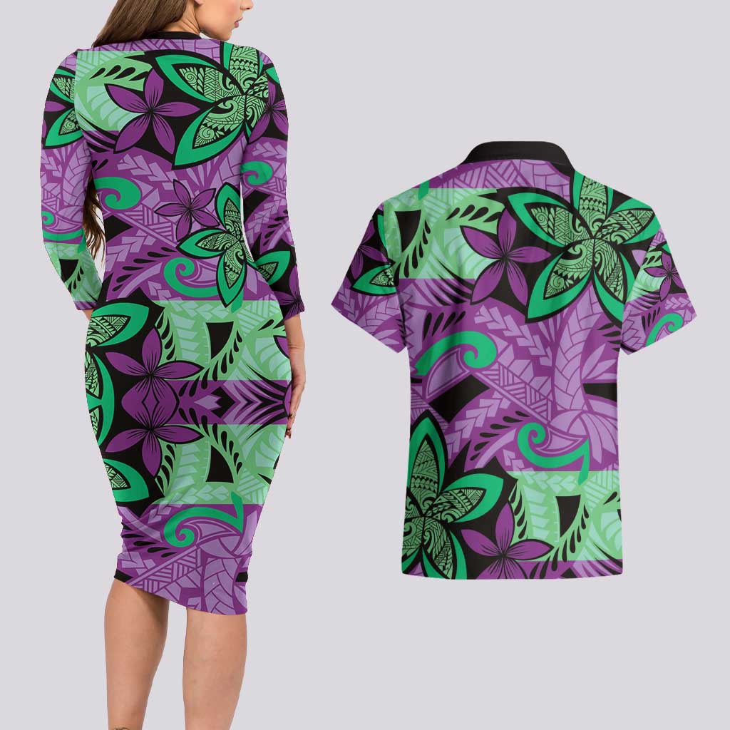 Plumeria Polynesian Pattern Couples Matching Long Sleeve Bodycon Dress and Hawaiian Shirt Unique Fantasy Purple Green LT01 - Polynesian Pride