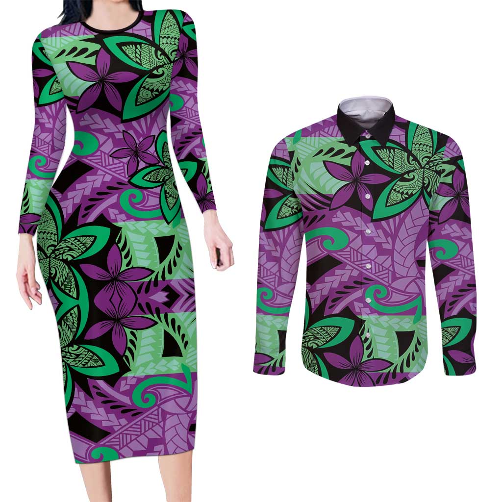 Plumeria Polynesian Pattern Couples Matching Long Sleeve Bodycon Dress and Long Sleeve Button Shirt Unique Fantasy Purple Green