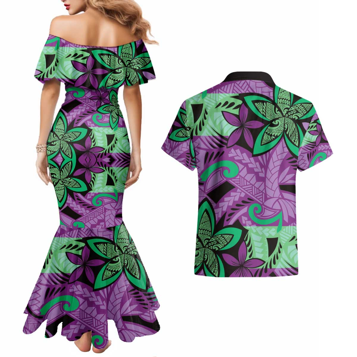 Plumeria Polynesian Pattern Couples Matching Mermaid Dress and Hawaiian Shirt Unique Fantasy Purple Green LT01 - Polynesian Pride