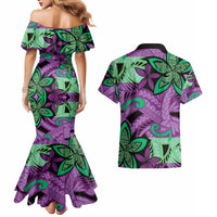Plumeria Polynesian Pattern Couples Matching Mermaid Dress and Hawaiian Shirt Unique Fantasy Purple Green LT01 - Polynesian Pride
