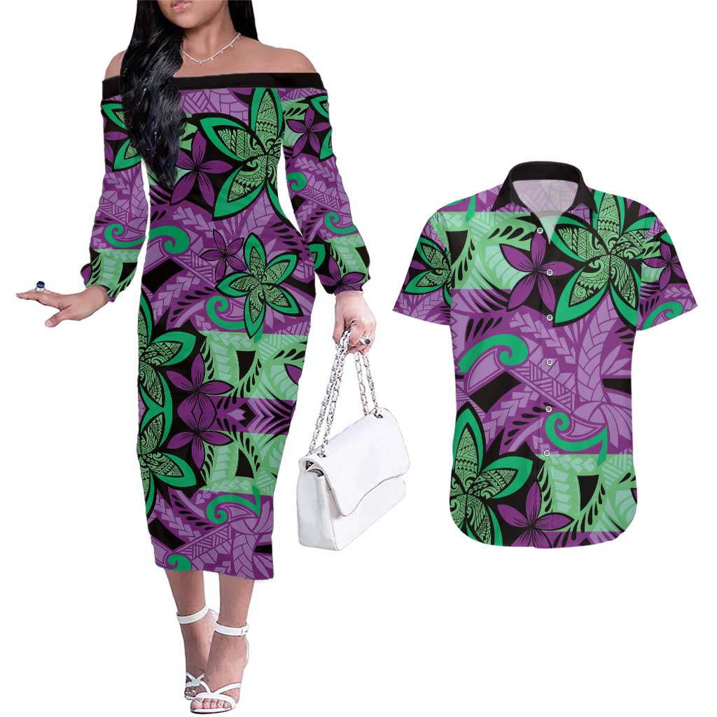 Plumeria Polynesian Pattern Couples Matching Off The Shoulder Long Sleeve Dress and Hawaiian Shirt Unique Fantasy Purple Green