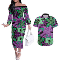 Plumeria Polynesian Pattern Couples Matching Off The Shoulder Long Sleeve Dress and Hawaiian Shirt Unique Fantasy Purple Green