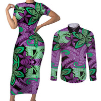 Plumeria Polynesian Pattern Couples Matching Short Sleeve Bodycon Dress and Long Sleeve Button Shirt Unique Fantasy Purple Green LT01 Purple - Polynesian Pride