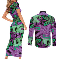 Plumeria Polynesian Pattern Couples Matching Short Sleeve Bodycon Dress and Long Sleeve Button Shirt Unique Fantasy Purple Green LT01 - Polynesian Pride