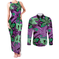 Plumeria Polynesian Pattern Couples Matching Tank Maxi Dress and Long Sleeve Button Shirt Unique Fantasy Purple Green LT01 Purple - Polynesian Pride