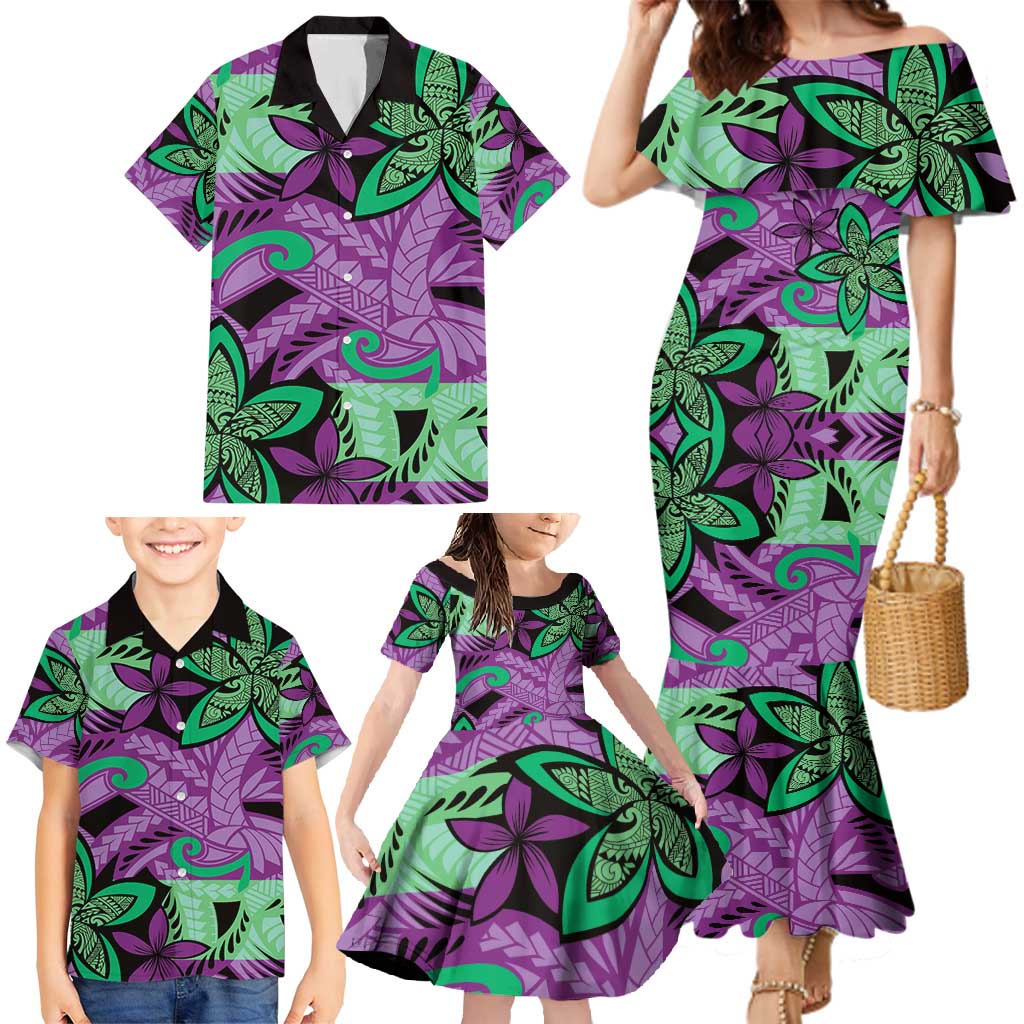 Plumeria Polynesian Pattern Family Matching Mermaid Dress and Hawaiian Shirt Unique Fantasy Purple Green LT01 - Polynesian Pride