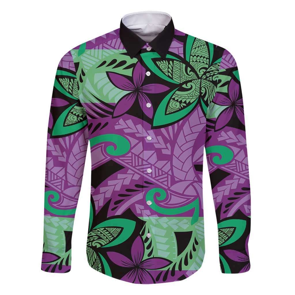 Plumeria Polynesian Pattern Family Matching Mermaid Dress and Hawaiian Shirt Unique Fantasy Purple Green LT01 Dad's Shirt - Long Sleeve Purple - Polynesian Pride
