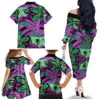 Plumeria Polynesian Pattern Family Matching Off The Shoulder Long Sleeve Dress and Hawaiian Shirt Unique Fantasy Purple Green