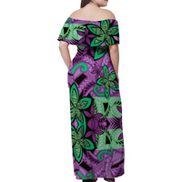 Plumeria Polynesian Pattern Family Matching Off Shoulder Maxi Dress and Hawaiian Shirt Unique Fantasy Purple Green