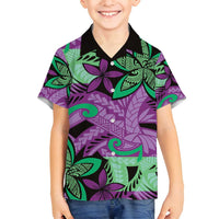 Plumeria Polynesian Pattern Family Matching Off Shoulder Maxi Dress and Hawaiian Shirt Unique Fantasy Purple Green