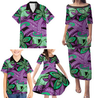 Plumeria Polynesian Pattern Family Matching Puletasi and Hawaiian Shirt Unique Fantasy Purple Green LT01 - Polynesian Pride