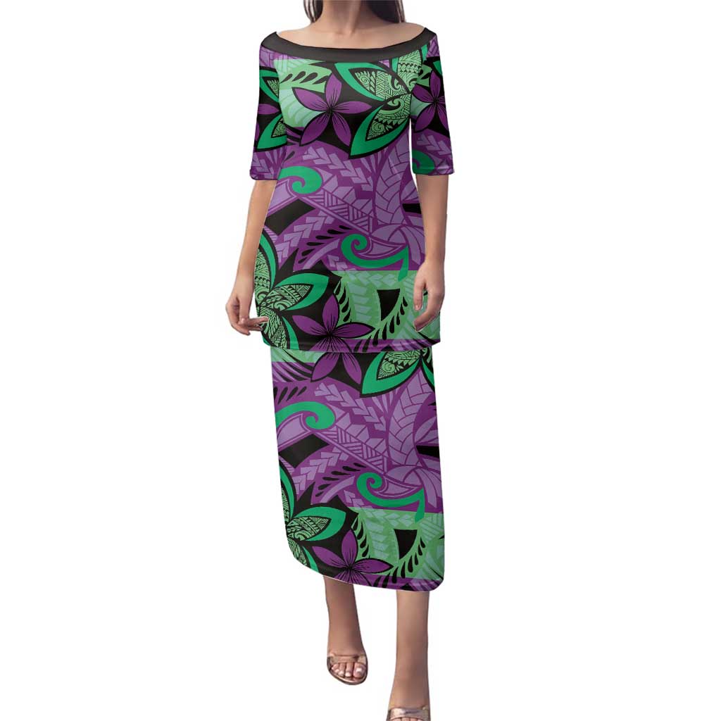 Plumeria Polynesian Pattern Family Matching Puletasi and Hawaiian Shirt Unique Fantasy Purple Green LT01 Mom's Dress Purple - Polynesian Pride
