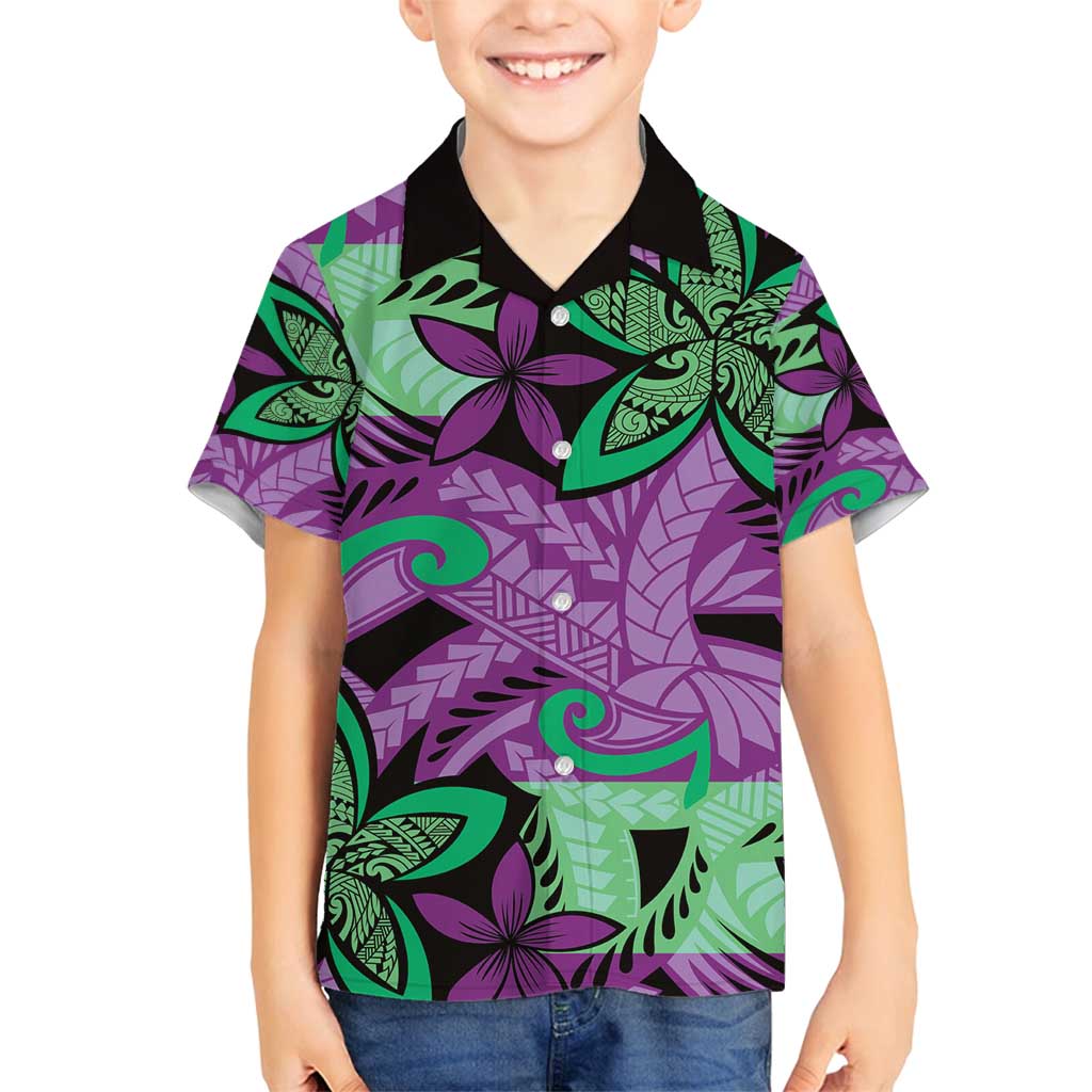 Plumeria Polynesian Pattern Family Matching Puletasi and Hawaiian Shirt Unique Fantasy Purple Green LT01 Son's Shirt Purple - Polynesian Pride