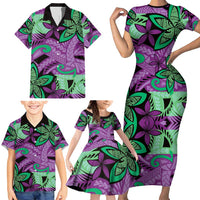 Plumeria Polynesian Pattern Family Matching Short Sleeve Bodycon Dress and Hawaiian Shirt Unique Fantasy Purple Green LT01 - Polynesian Pride