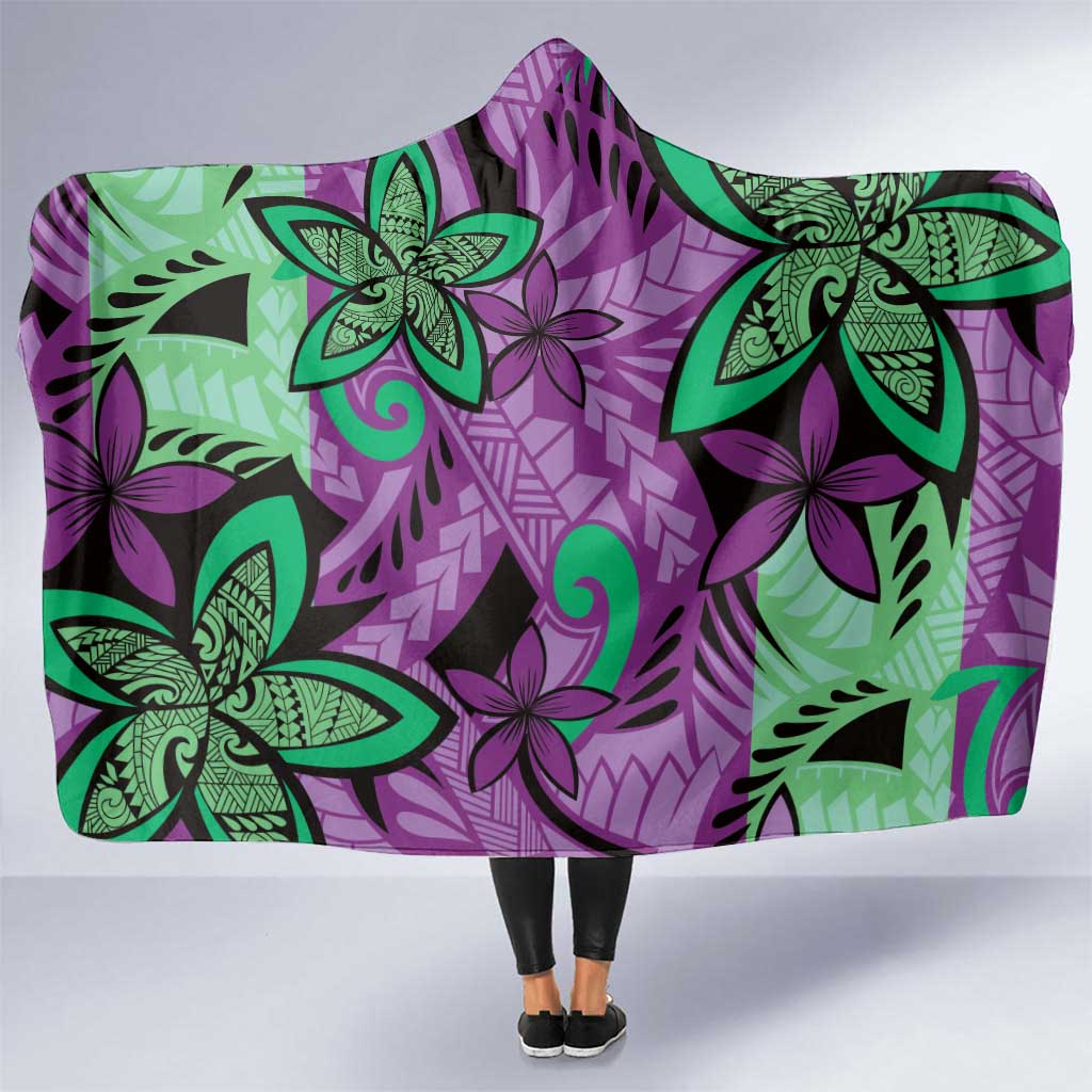 Plumeria Polynesian Pattern Hooded Blanket Unique Fantasy Purple Green