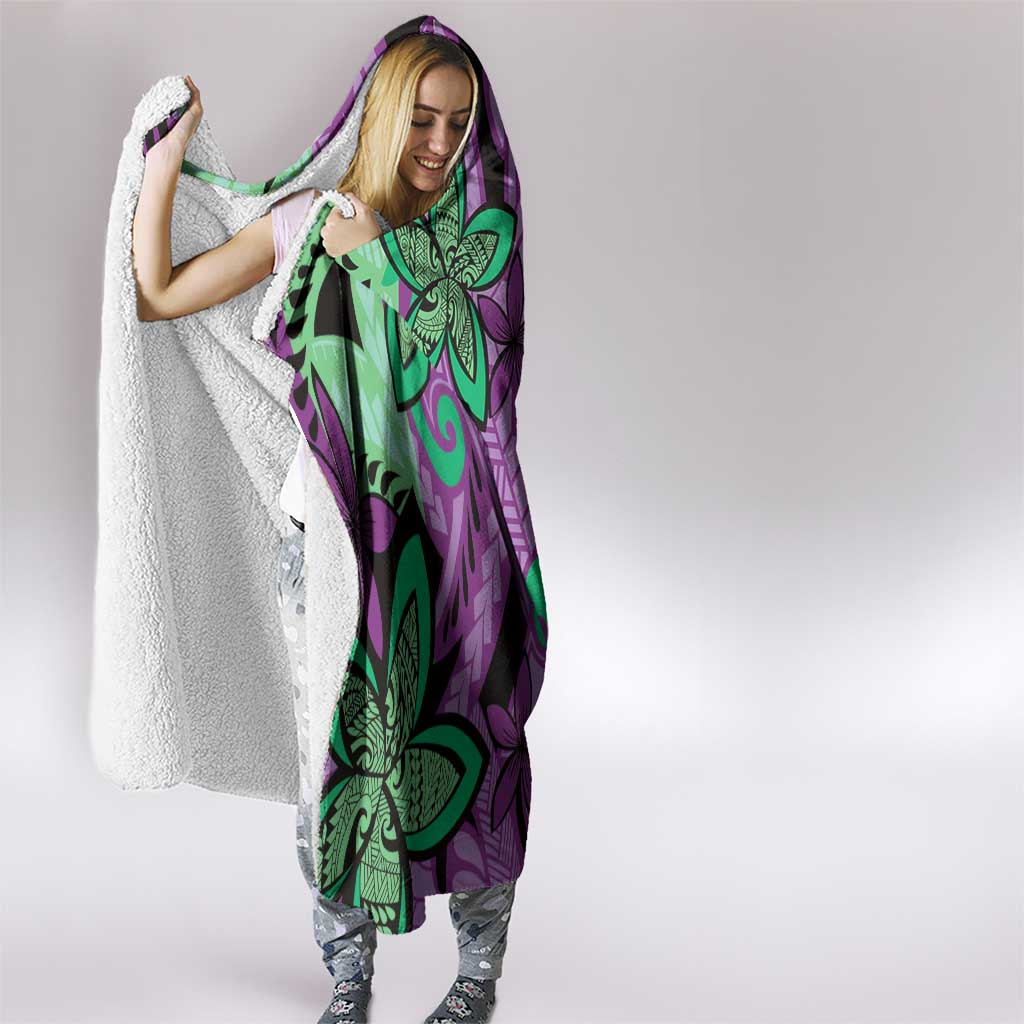 Plumeria Polynesian Pattern Hooded Blanket Unique Fantasy Purple Green