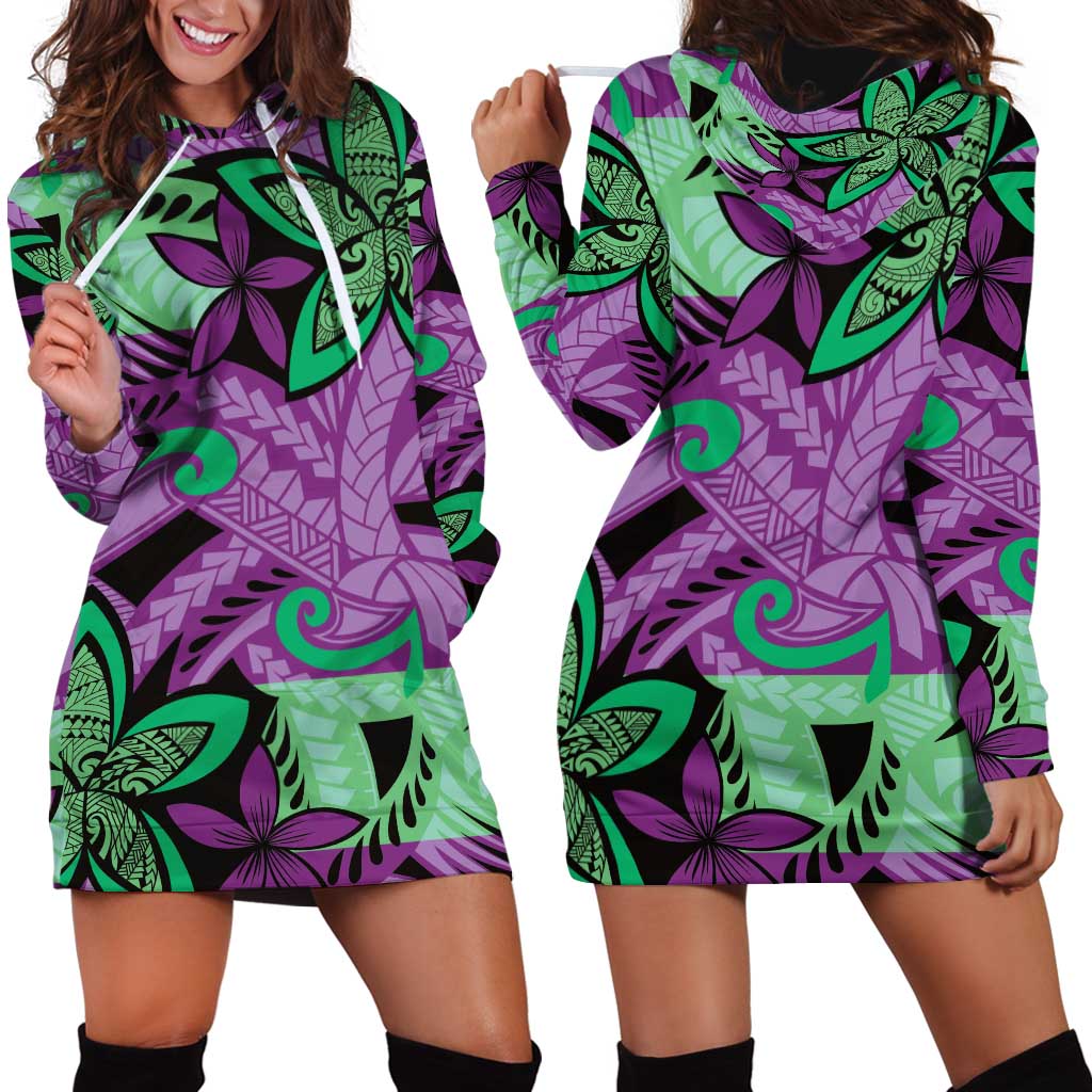 Plumeria Polynesian Pattern Hoodie Dress Unique Fantasy Purple Green