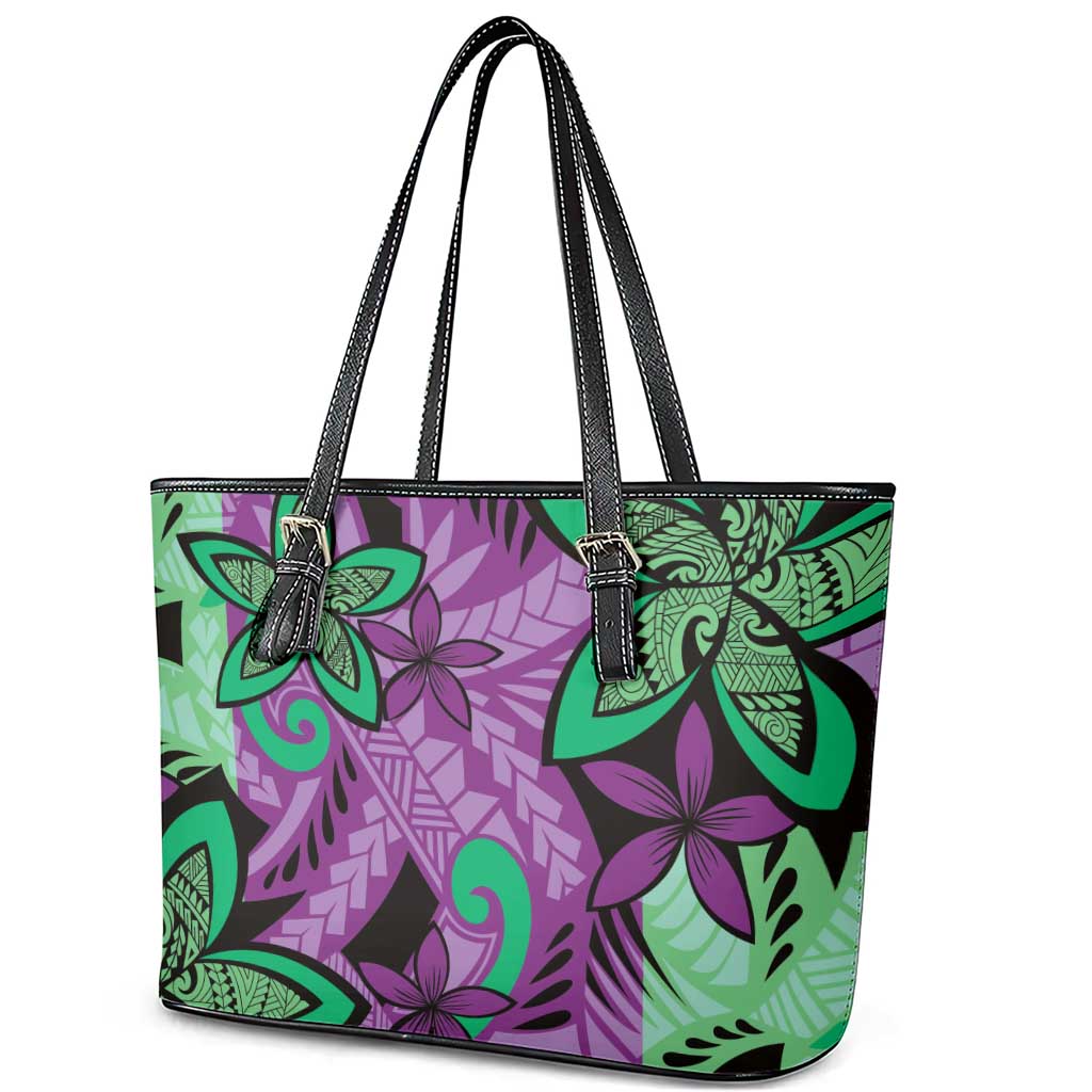 Plumeria Polynesian Pattern Leather Tote Bag Unique Fantasy Purple Green LT01 - Polynesian Pride