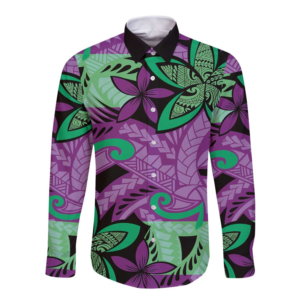 Plumeria Polynesian Pattern Long Sleeve Button Shirt Unique Fantasy Purple Green