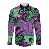 Plumeria Polynesian Pattern Long Sleeve Button Shirt Unique Fantasy Purple Green