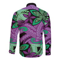 Plumeria Polynesian Pattern Long Sleeve Button Shirt Unique Fantasy Purple Green