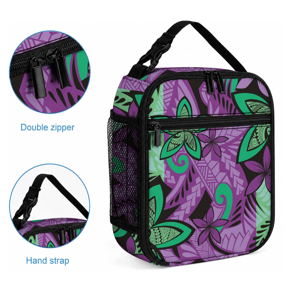 Plumeria Polynesian Pattern Lunch Bag Unique Fantasy Purple Green