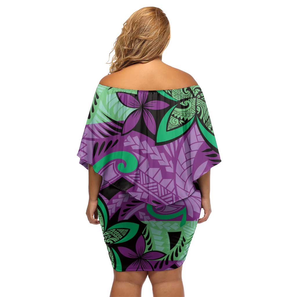 Plumeria Polynesian Pattern Off Shoulder Short Dress Unique Fantasy Purple Green