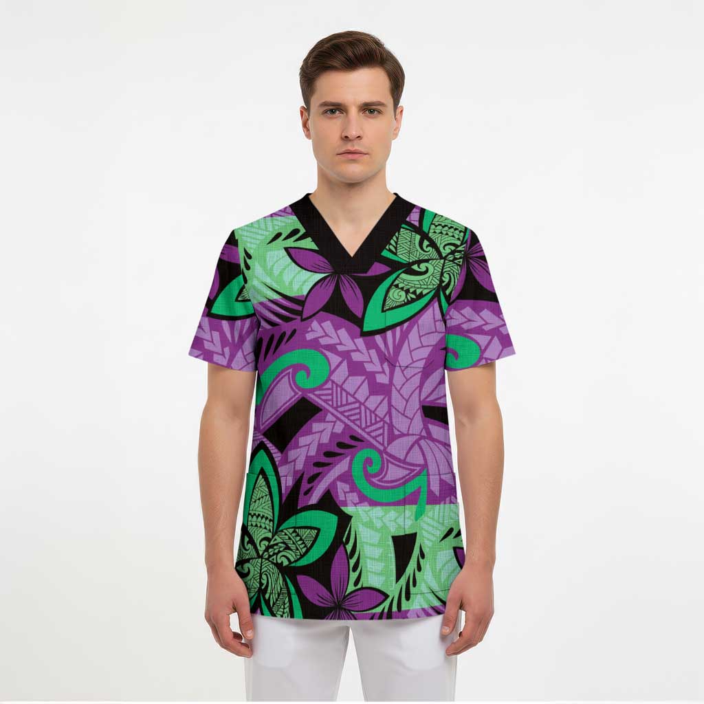 Plumeria Polynesian Pattern Scrub Top Unique Fantasy Purple Green - Polynesian Pride
