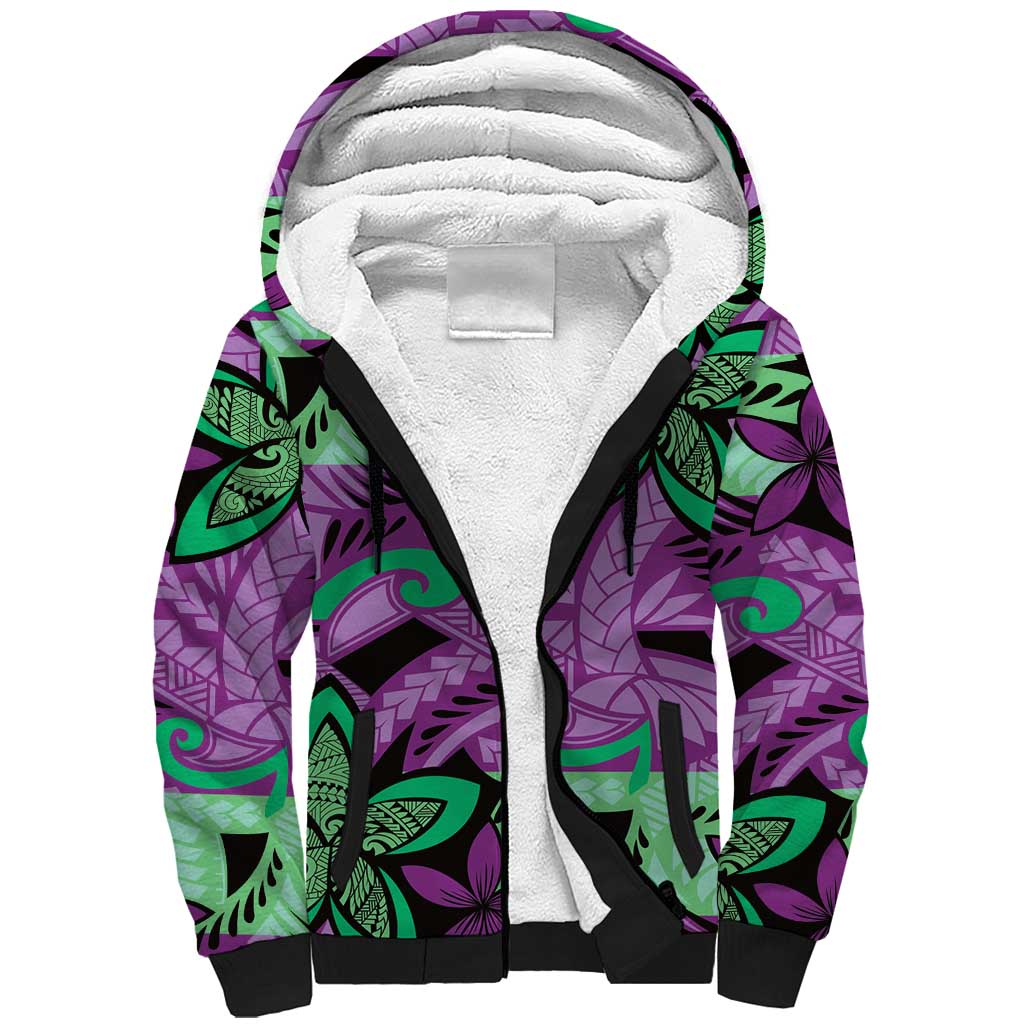 Plumeria Polynesian Pattern Sherpa Hoodie Unique Fantasy Purple Green